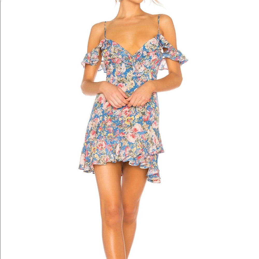 MAJORELLE blue floral off the shoulder dress